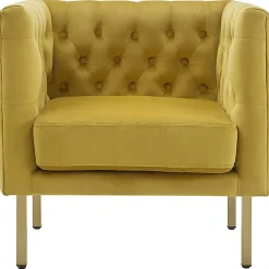 * Bendell Yellow Velvet Tufted Accent Club Chair With Gold Legs Opening Sales< Accent Chairs