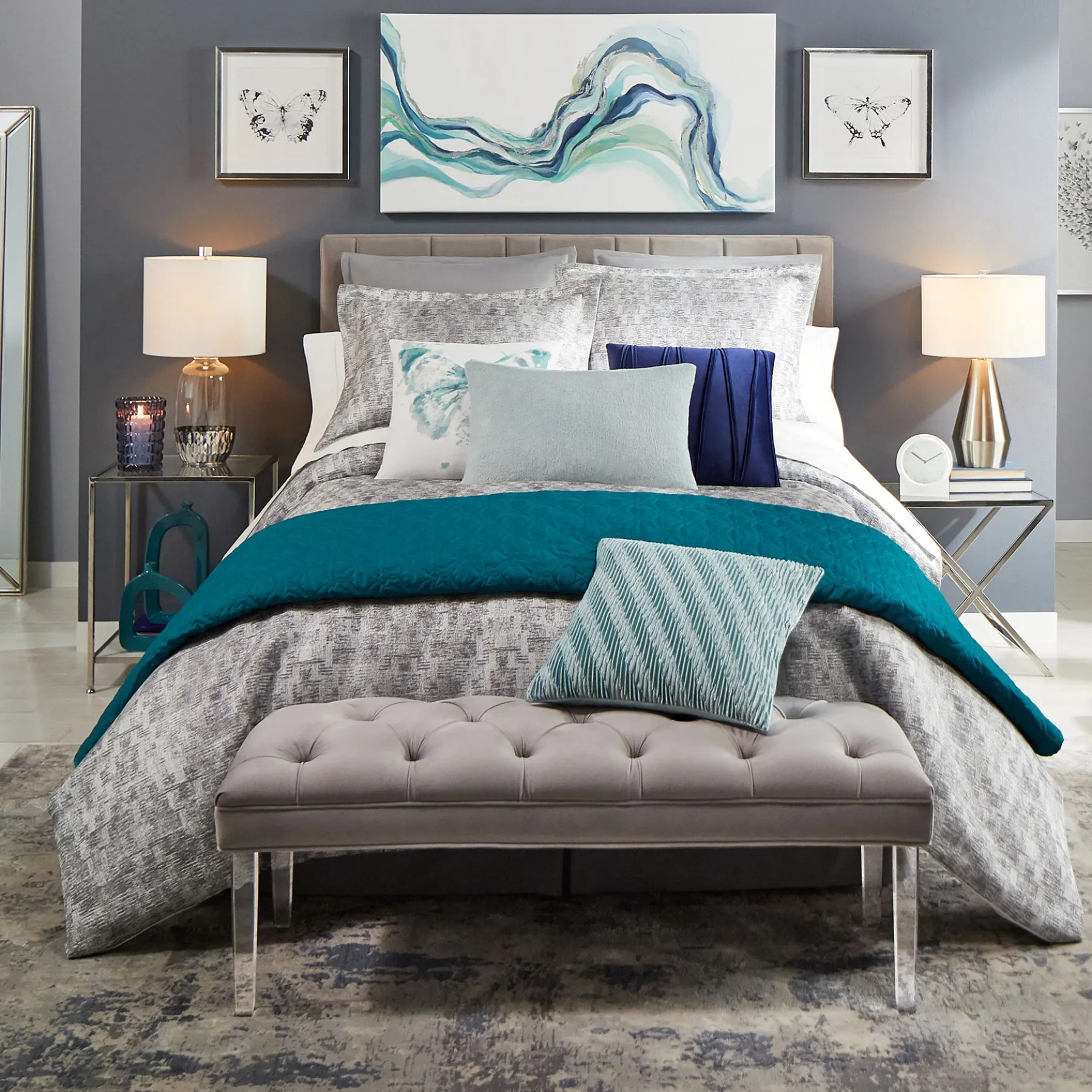 * Chandler Grey Velvet Channeled Queen Headboard Fashion< Bedroom