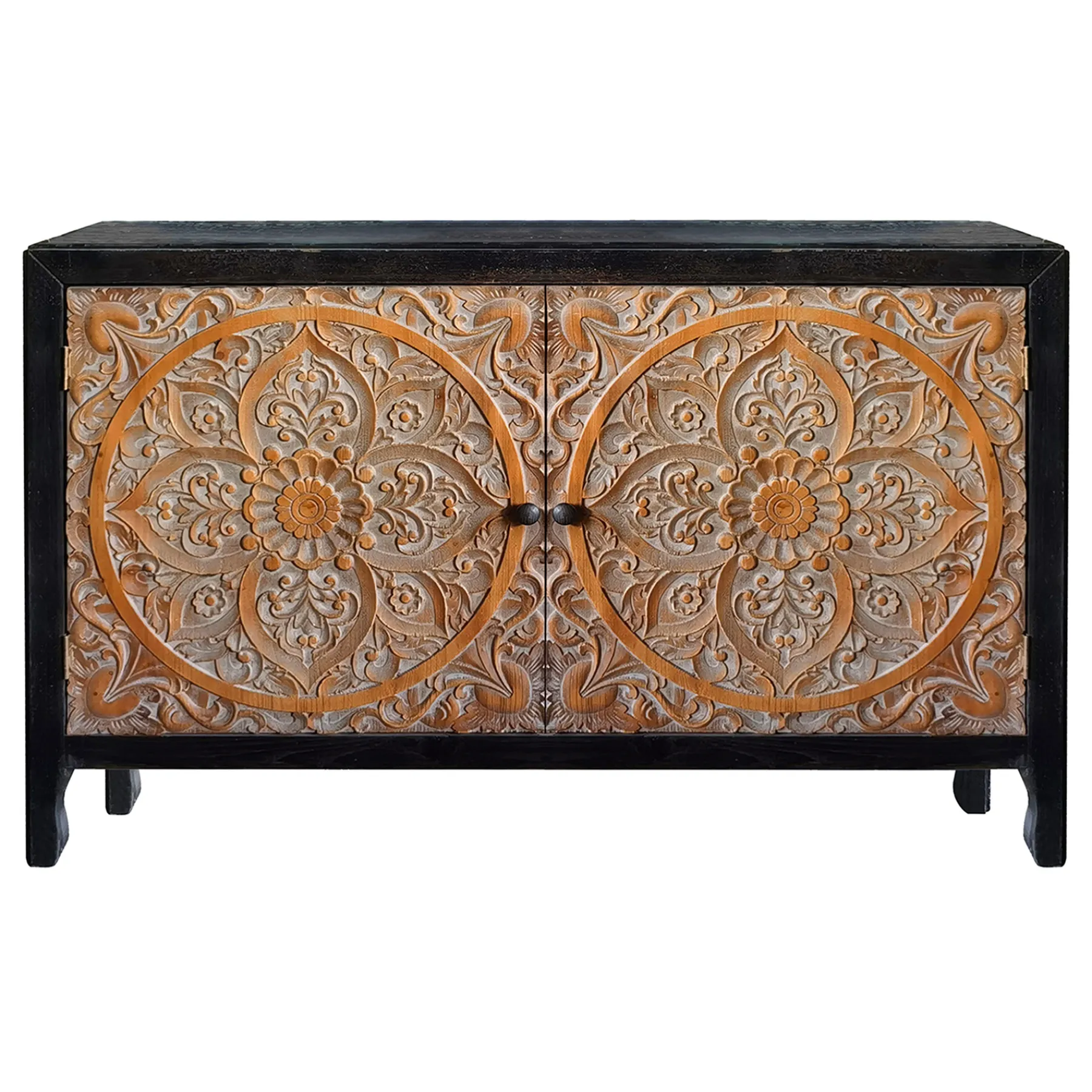 * 2-Door Carved Black Long Cabinet Opening Sales< Cabinets & Chests