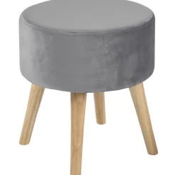 * Emmy Grey Velvet Round Wood Leg Ottoman Clearance< Ottomans & Poufs