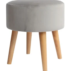 * Emmy Grey Velvet Round Wood Leg Ottoman Clearance< Ottomans & Poufs