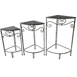 * Fan Shaped Wood Top Plant Stand With Rustic Double Tube Metal Leg, Small Low Price< Plant Stands