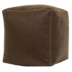 * Honeybloom Faux Leather Brown Pouf With Baseball Stitch Opening Sales< Ottomans & Poufs