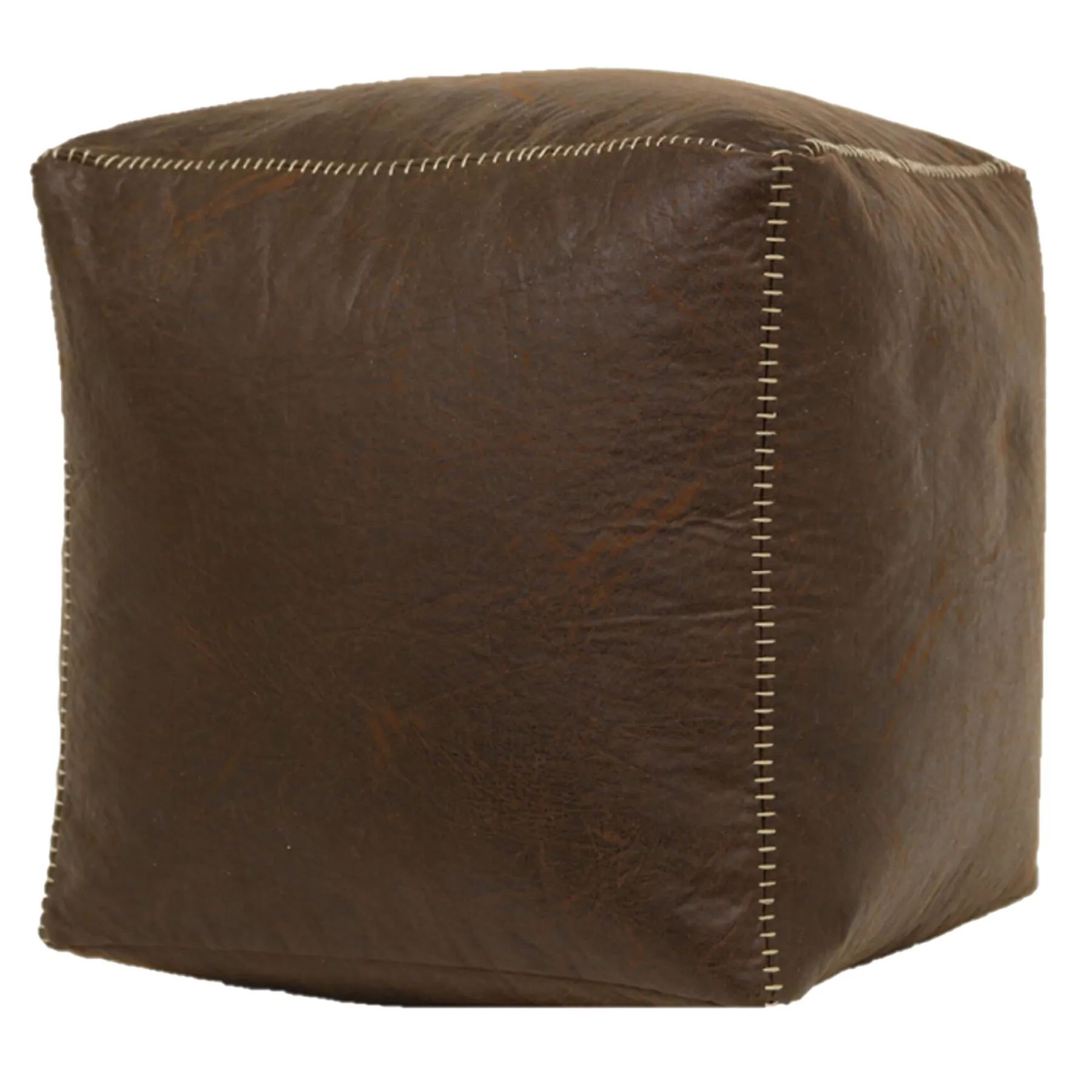 * Honeybloom Faux Leather Brown Pouf With Baseball Stitch Opening Sales< Ottomans & Poufs