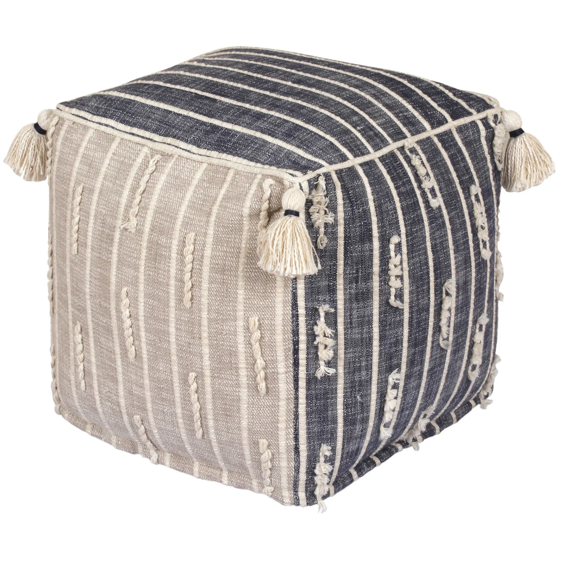 * Honeybloom Nora Blue Woven Embroidered Pouf, 18 Promotion< Ottomans & Poufs