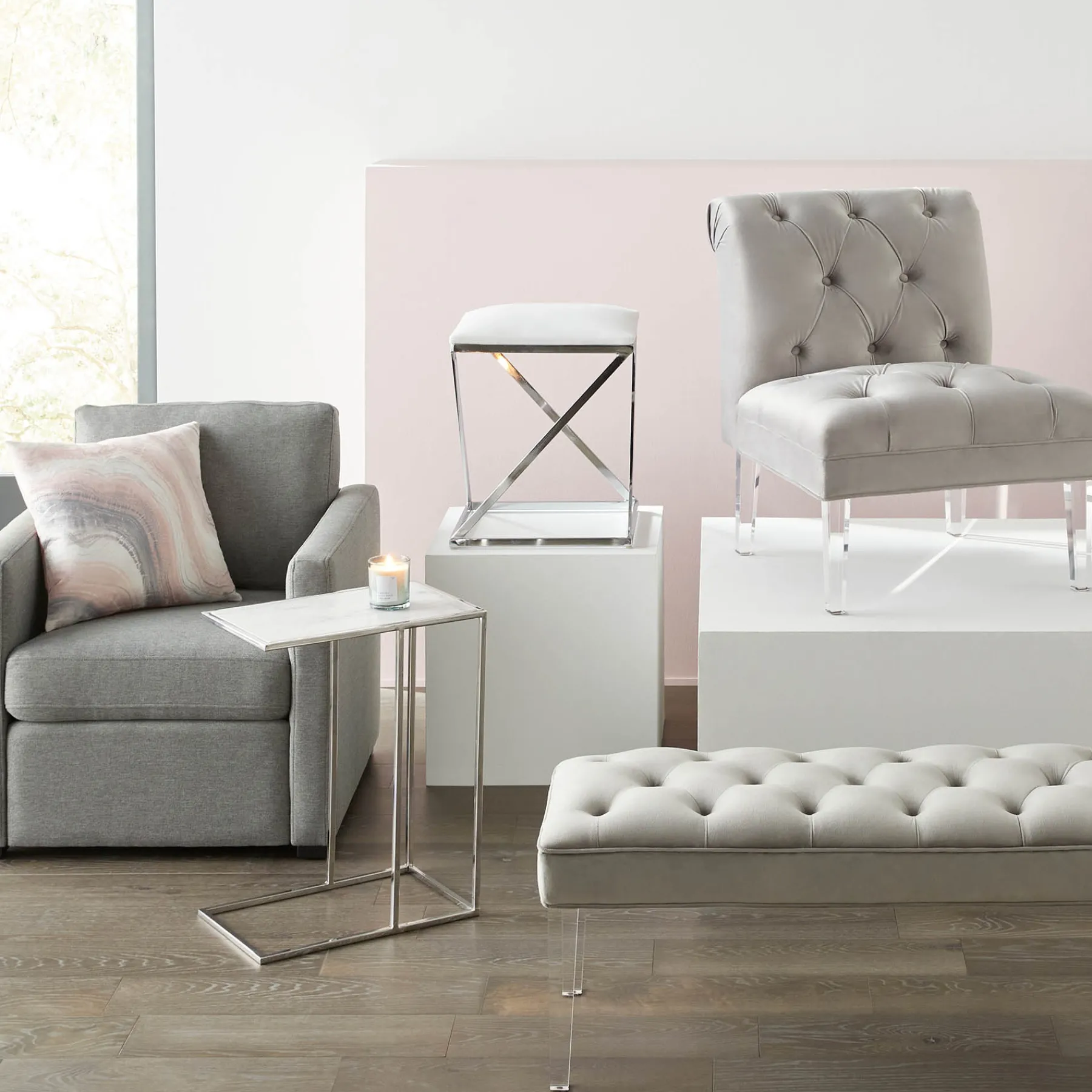 * Laila Ali Grey Tufted Accent Chair With Clear Acrylic Legs Outlet< Accent Chairs