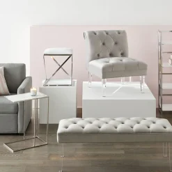 * Laila Ali Grey Tufted Bench With Clear Acrylic Legs Promotion< Benches