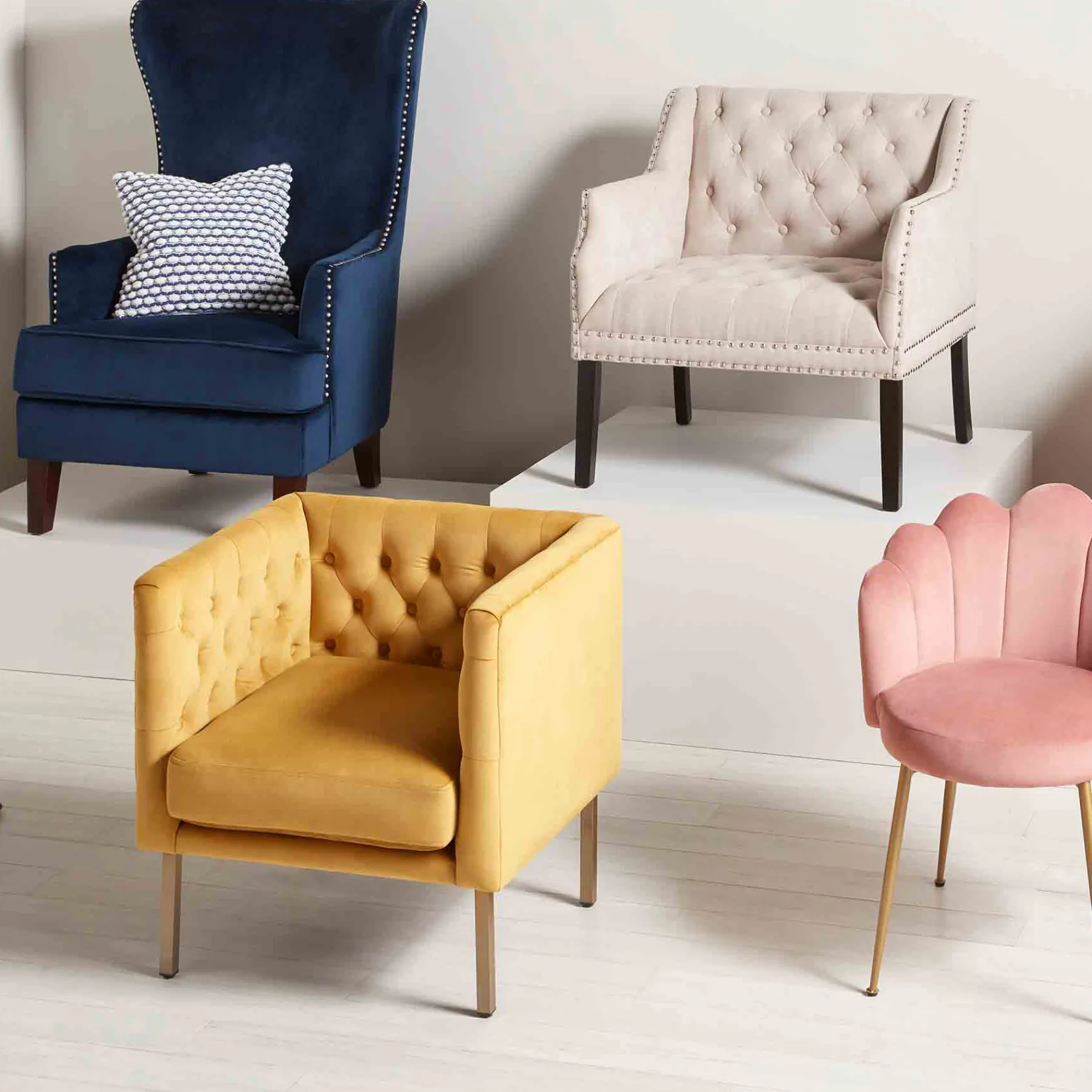 * Lena Ivory Velvet Tufted Armchair With Nailhead Trim Discount Online< Accent Chairs