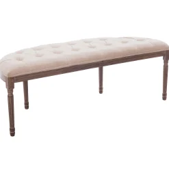 * Lourdes Ivory Linen Tufted Curved Bench W/Distressed Wood Legs Opening Sales< Benches