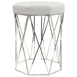 * Prisma Chrome Wire Vanity Stool/Padded White Faux Leather Seat Featured< Stools & Benches