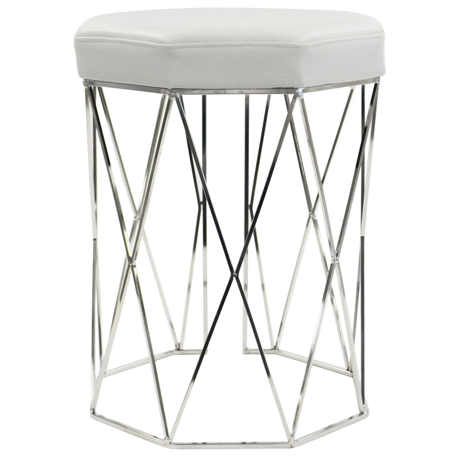 * Prisma Chrome Wire Vanity Stool/Padded White Faux Leather Seat Featured< Stools & Benches