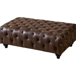 * Providence Chesterfield Tufted Brown Faux Leather Ottoman Featured< Ottomans & Poufs