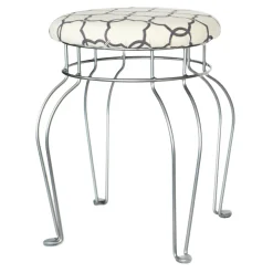 * Quatrefoil Silver Wire Vanity Stool/Ivory Printed Fabric Seat Opening Sales< Stools & Benches