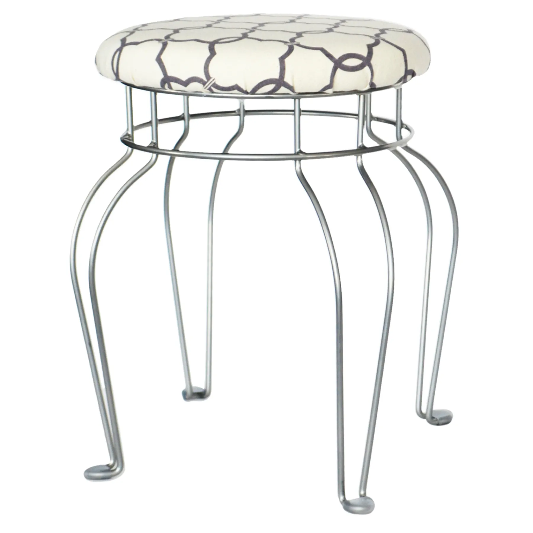 * Quatrefoil Silver Wire Vanity Stool/Ivory Printed Fabric Seat Opening Sales< Stools & Benches