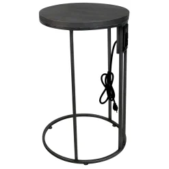 * Round Wood-Top Silver Metal C-Table With Usb Port, Large Premium< Accent Tables