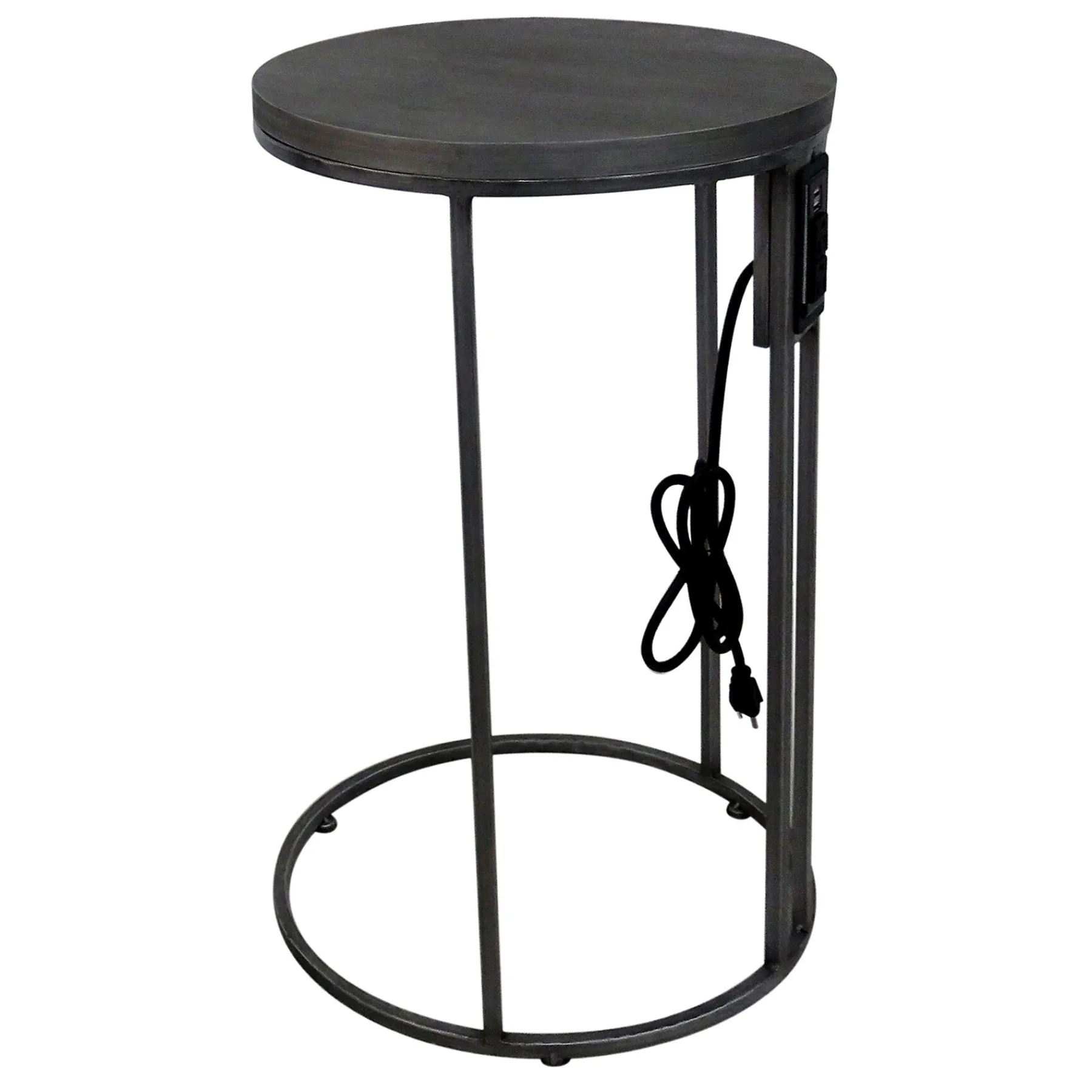 * Round Wood-Top Silver Metal C-Table With Usb Port, Large Premium< Accent Tables