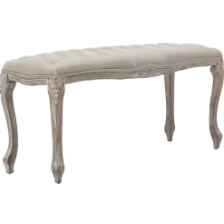 * Simone Grey Linen Tufted Bench With Carved Reclaimed Wood Legs Outlet< Benches