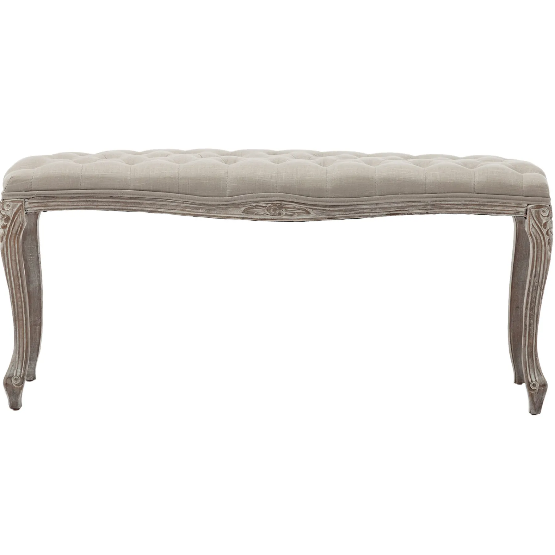 * Simone Grey Linen Tufted Bench With Carved Reclaimed Wood Legs Outlet< Benches