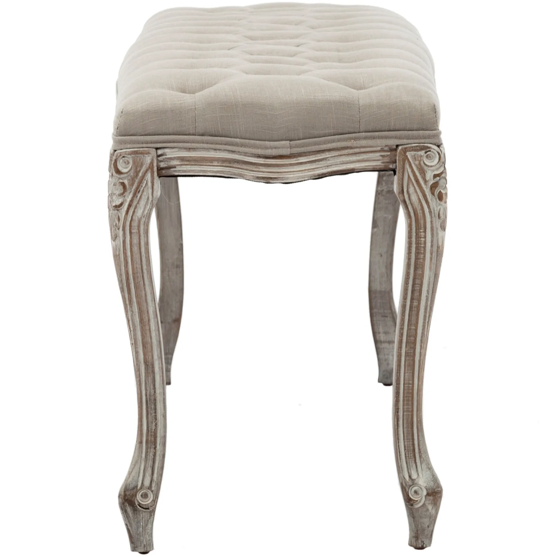 * Simone Grey Linen Tufted Bench With Carved Reclaimed Wood Legs Outlet< Benches