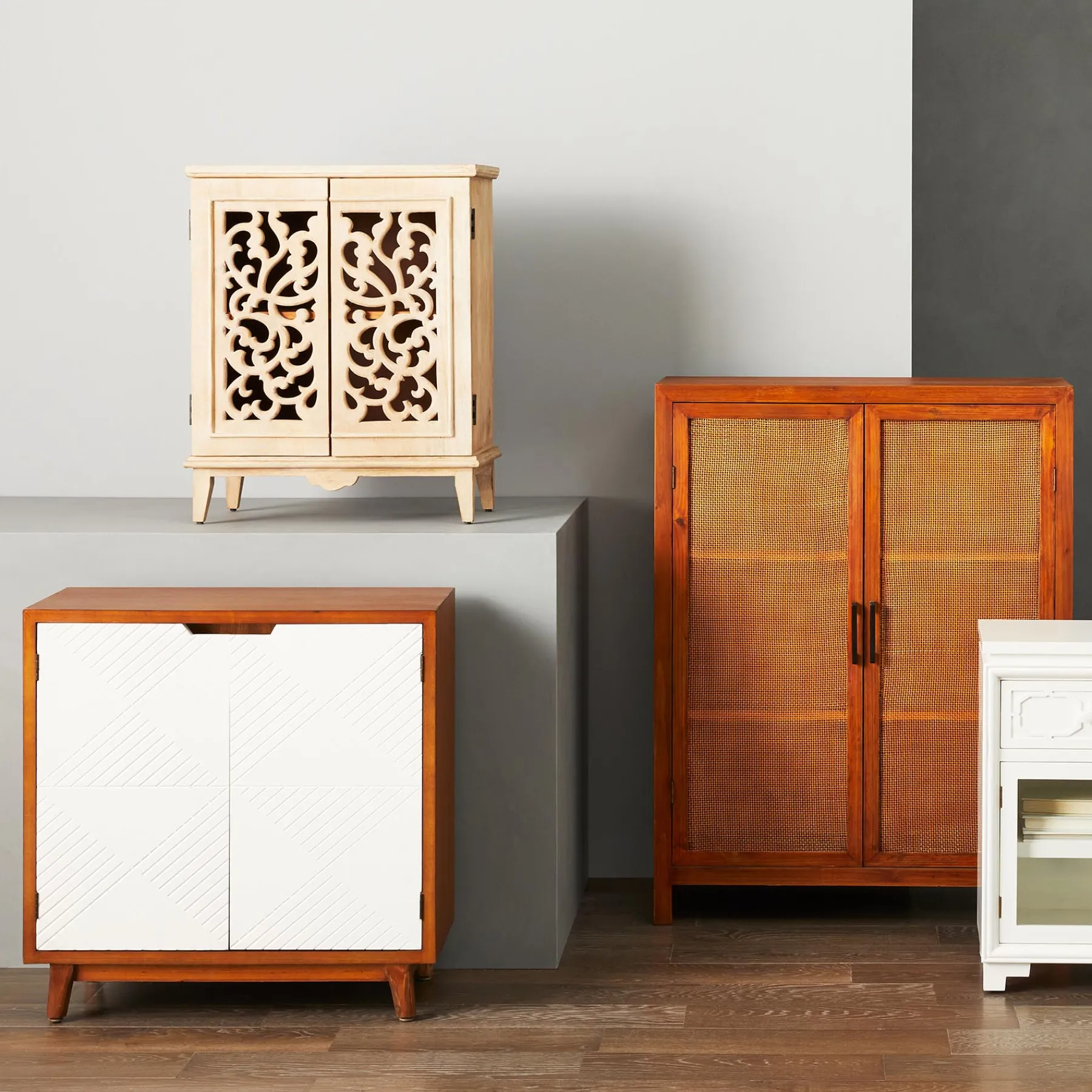 * Two-Tone Brown & White 2-Door Wooden Cabinet Clearance< Cabinets & Chests